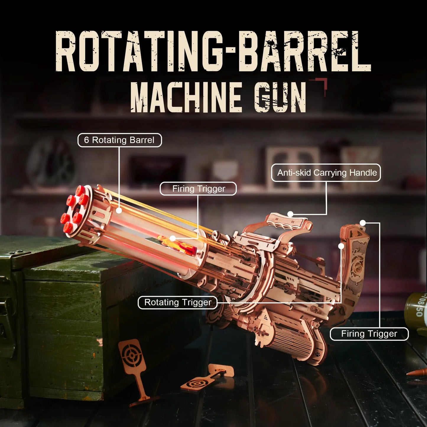 Rokr [Rotating-Barrel Machine Gun] Toy with Light 3D Wooden Puzzle for Kids Adults Building Block Rokr Puzzle Kits