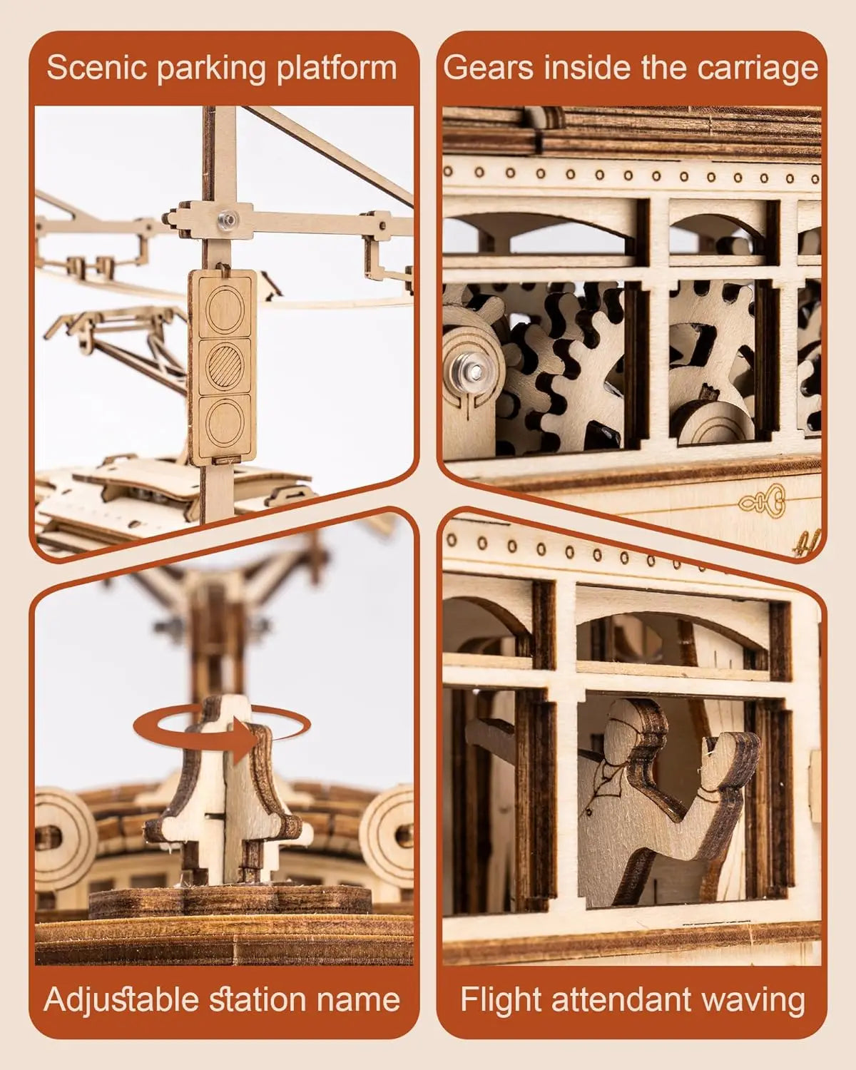 Rokr [Tram Train Set] 3D Wooden Puzzles Model Car Kits with Railway  for Adults to Build for Christmas