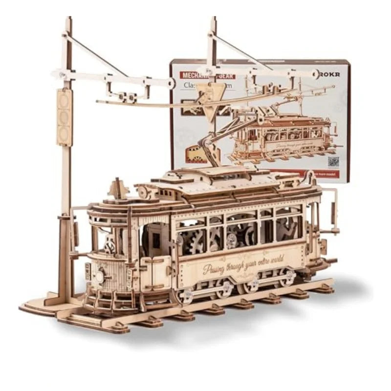 Rokr [Tram Train Set] 3D Wooden Puzzles Model Car Kits with Railway  for Adults to Build for Christmas