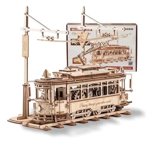Rokr [Tram Train Set] 3D Wooden Puzzles Model Car Kits with Railway  for Adults to Build for Christmas