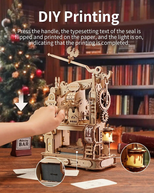 Rokr [Printer Puzzle Kit] Wooden Puzzle Model Kits Classic Printing Press Mechanical Gears for Adults
