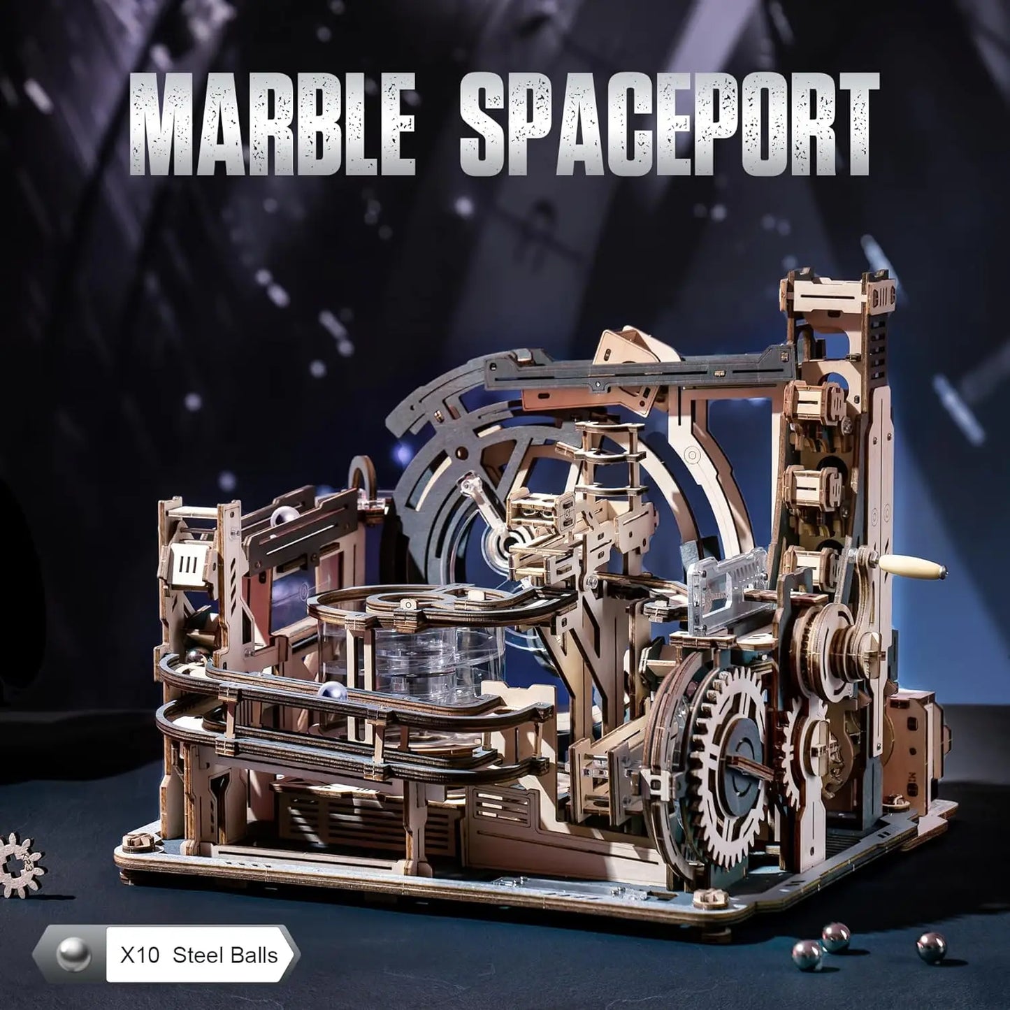 Rokr [Spaceport] 3D Puzzles Brain Teaser Wooden Puzzles Electric Model Kits Marble Building Toy Gifts for Men/Women/Teens