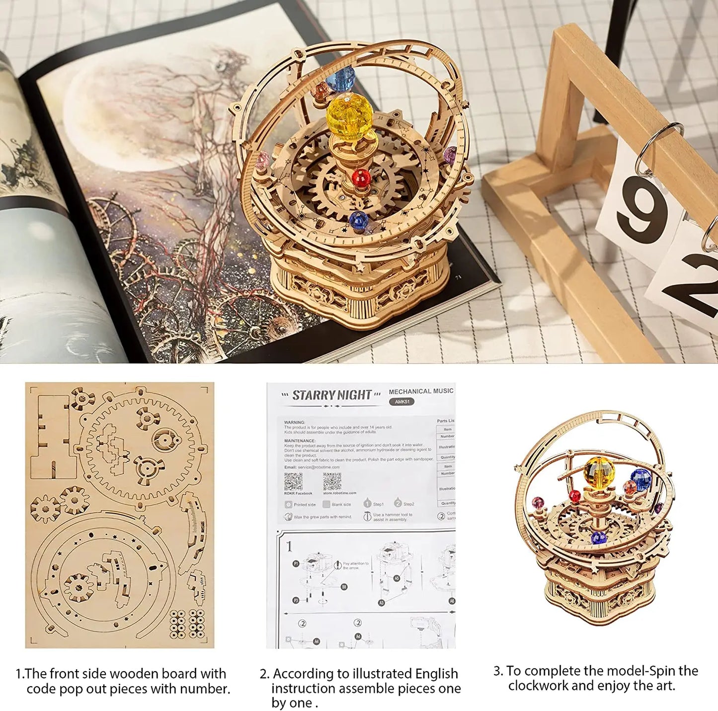 Rokr [Starry Night] DIY 3D Wooden Model Building Kit 84pcs Rotatable Assembly Music Box Educational Toy for Kids Adults