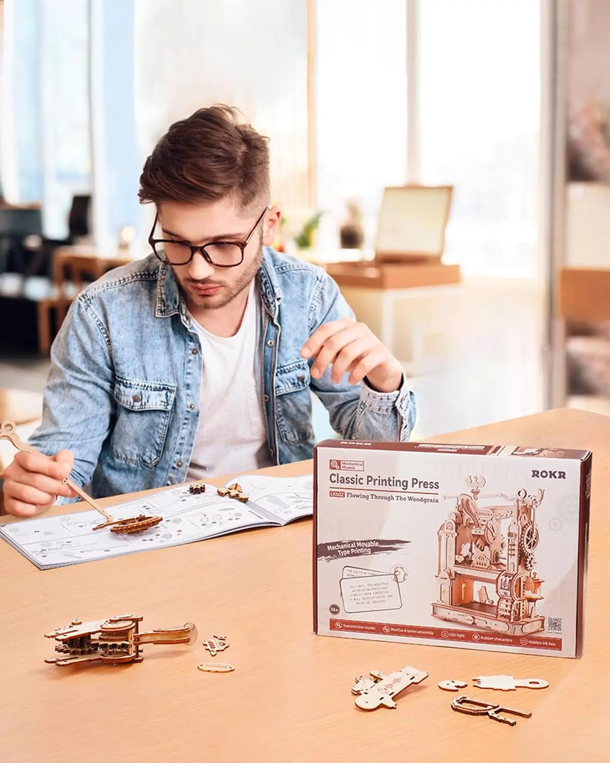Rokr [Printer Puzzle Kit] Wooden Puzzle Model Kits Classic Printing Press Mechanical Gears for Adults