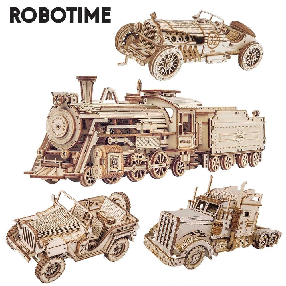 Rokr [Transportation Series]3D Puzzle Movable Steam Train,Car,Jeep Assembly Toy Gift for Children Adult Wooden Model Building Block Kits