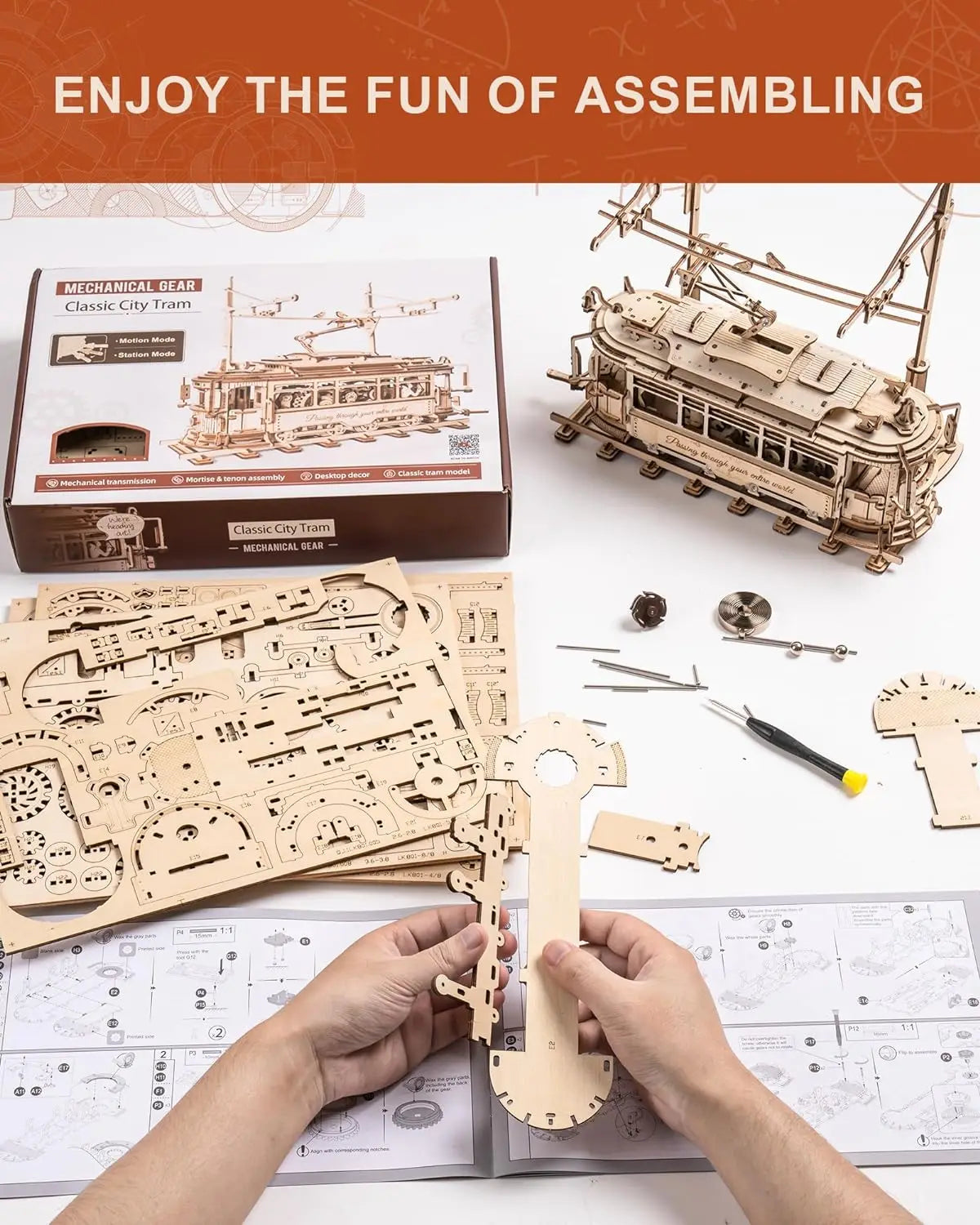 Rokr [Tram Train Set] 3D Wooden Puzzles Model Car Kits with Railway  for Adults to Build for Christmas