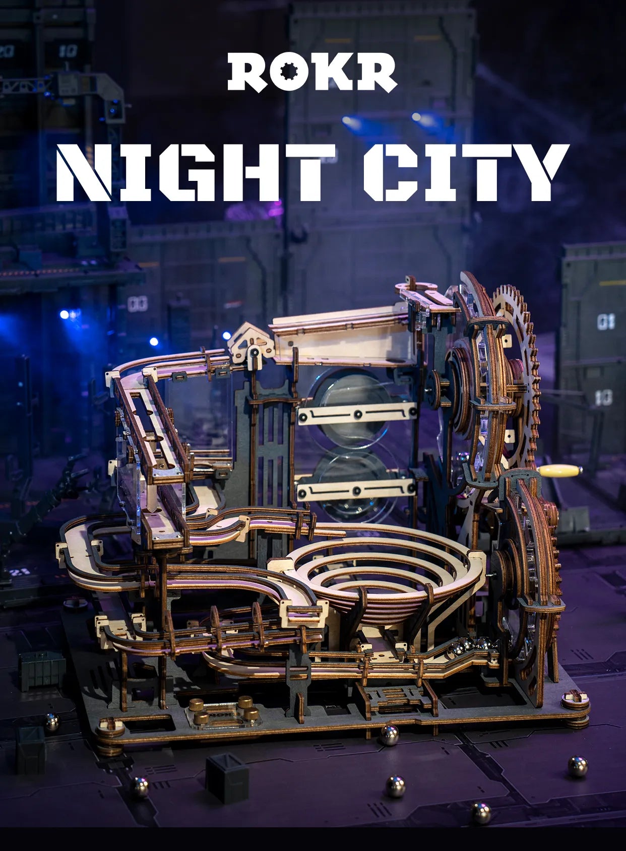 Rokr [Night City] Marble Run Set 5 Kinds 3D Wooden Puzzle DIY Model Building Block Kits Assembly Toy Gift for Teens Adult