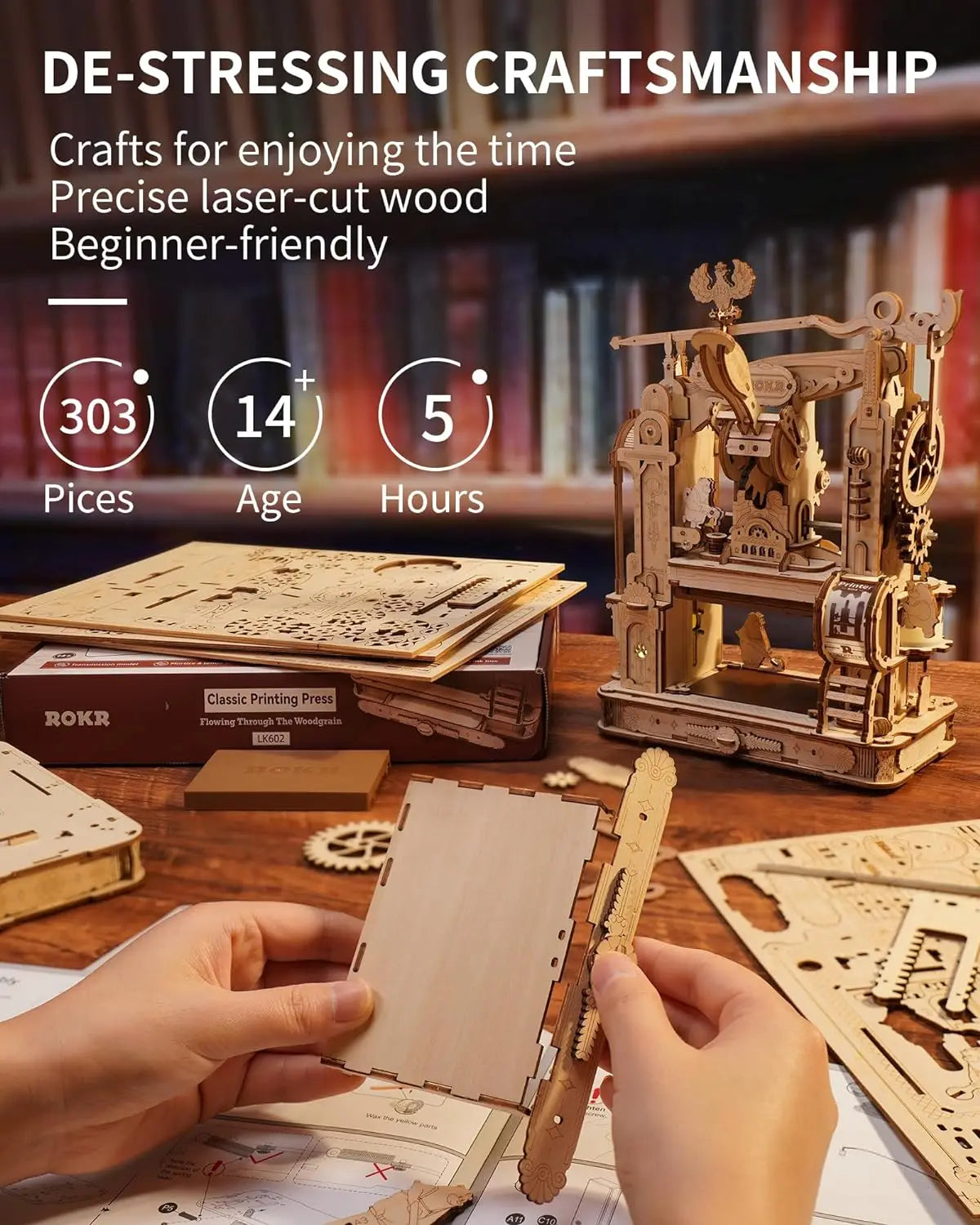 Rokr [Printer Puzzle Kit] Wooden Puzzle Model Kits Classic Printing Press Mechanical Gears for Adults