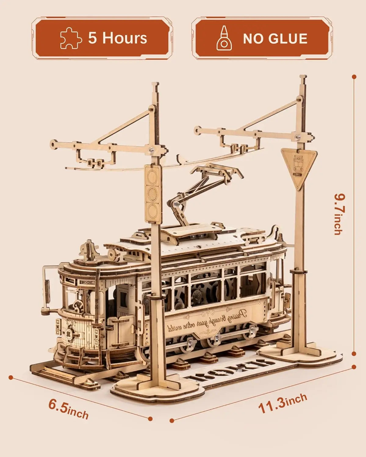 Rokr [Tram Train Set] 3D Wooden Puzzles Model Car Kits with Railway  for Adults to Build for Christmas