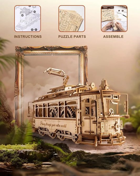 Rokr [Tram Train Set] 3D Wooden Puzzles Model Car Kits with Railway  for Adults to Build for Christmas