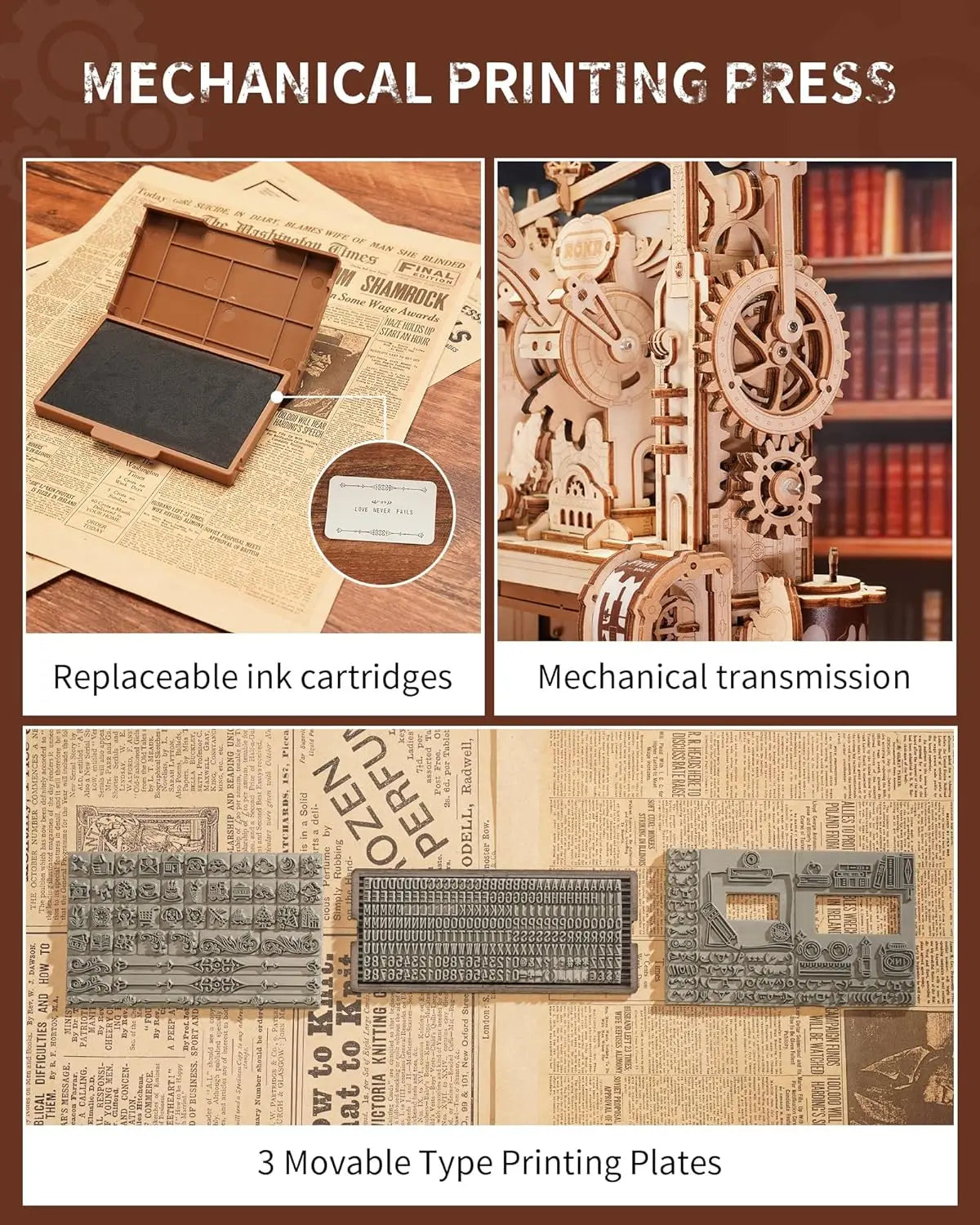 Rokr [Printer Puzzle Kit] Wooden Puzzle Model Kits Classic Printing Press Mechanical Gears for Adults