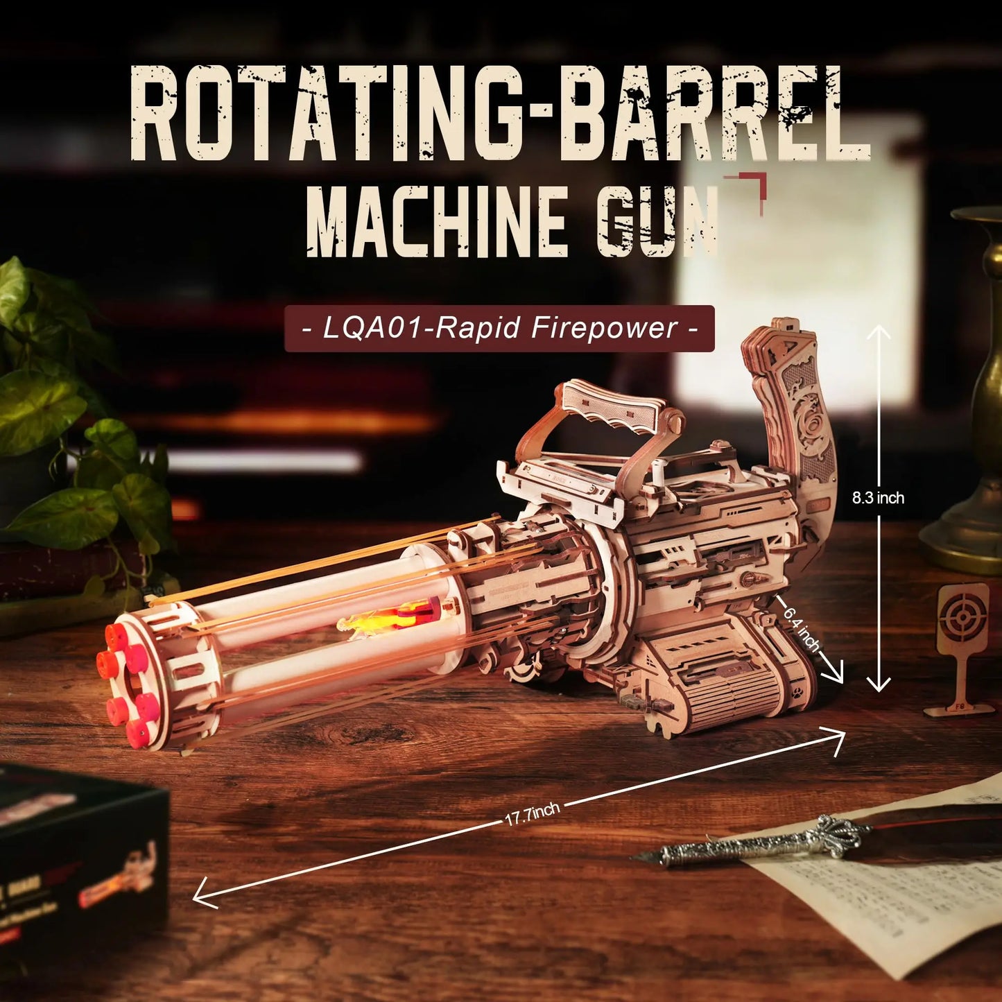 Rokr [Rotating-Barrel Machine Gun] Toy with Light 3D Wooden Puzzle for Kids Adults Building Block Rokr Puzzle Kits